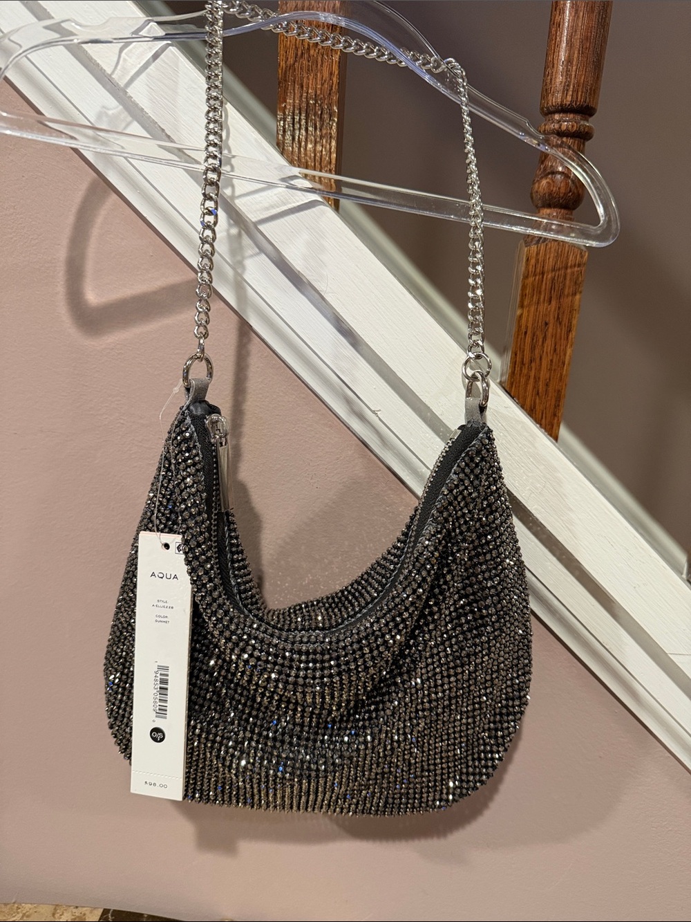 AQUA Gunmetal Crystal-Embellished Shoulder Bag with Chain Strap